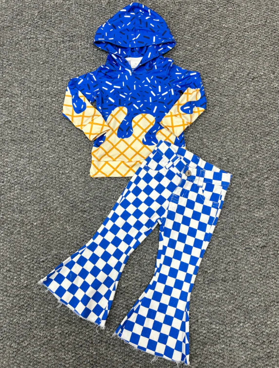 RTS BT1275+P0610 Waffle Ice Cream Royal Blue Hooded Long-Sleeved Top Plaid Denim Pants set