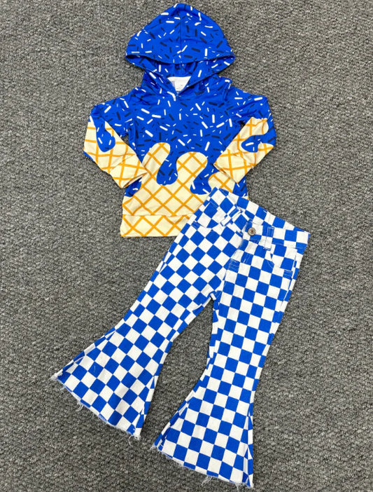 RTS BT1275+P0610 Waffle Ice Cream Royal Blue Hooded Long-Sleeved Top Plaid Denim Pants set