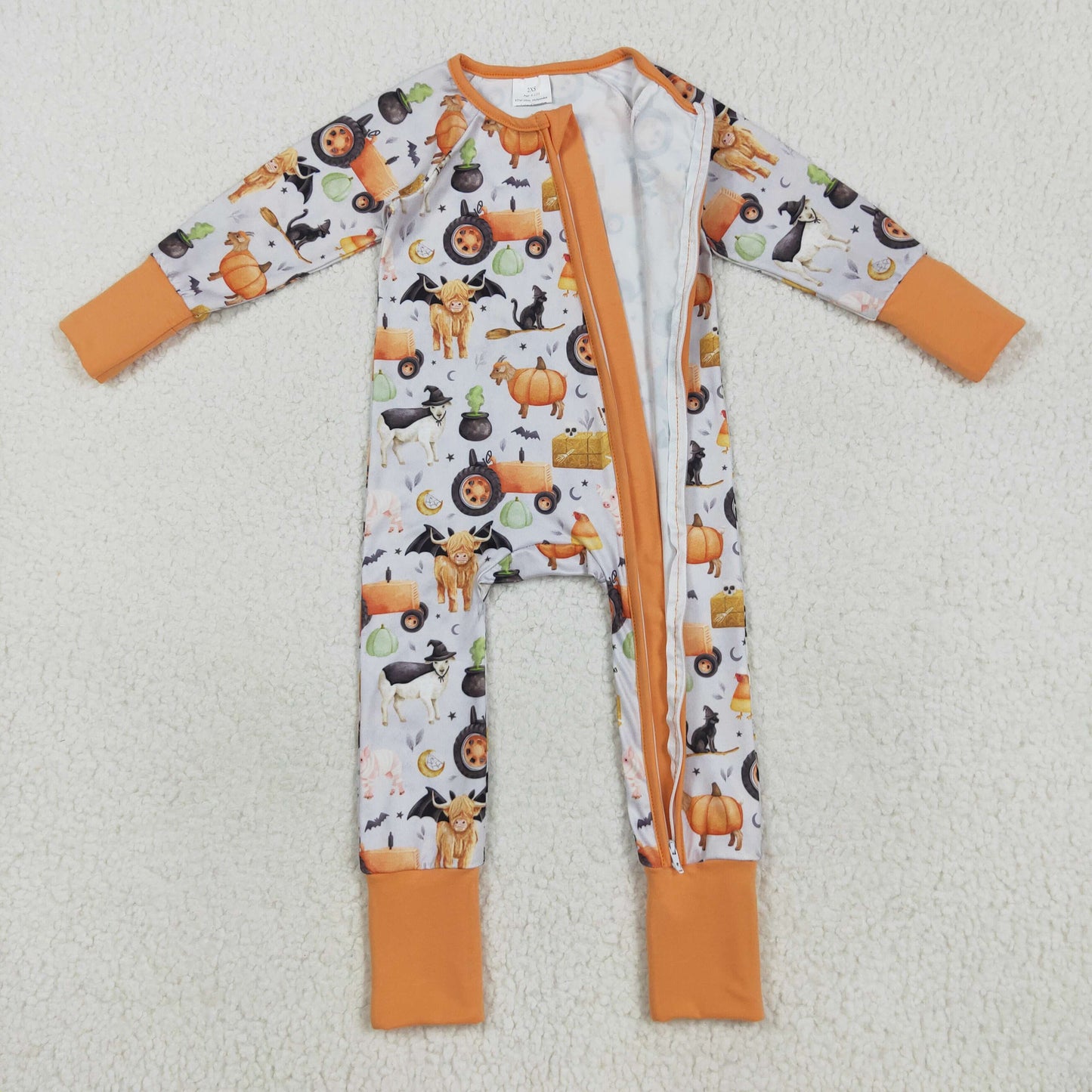 LR2444 baby boys Halloween cow pumpkin orange zipper romper