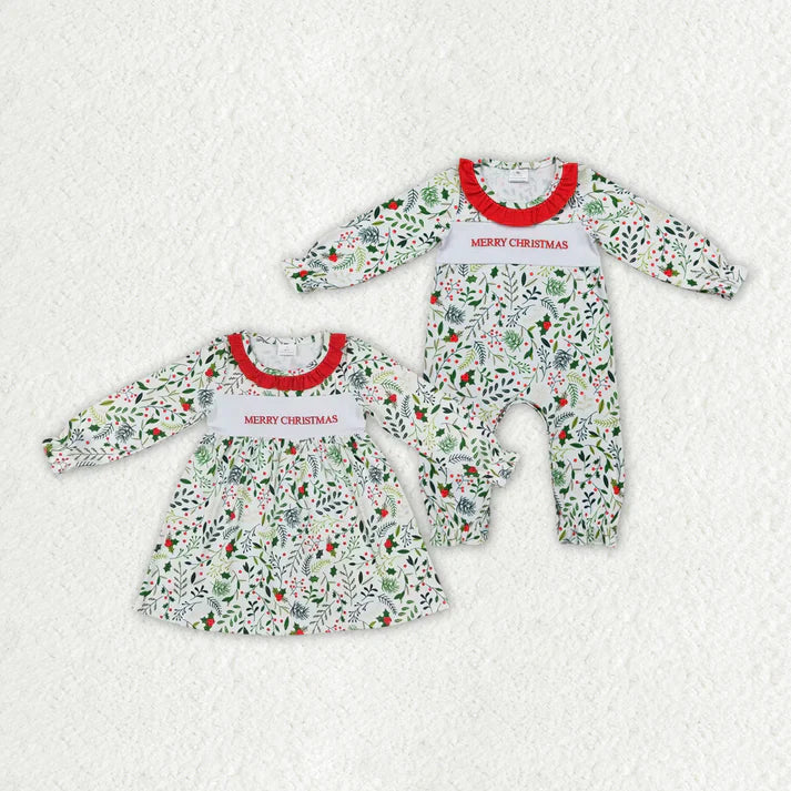 Matching Baby girls merry christmas leaves romper dress embroidery
