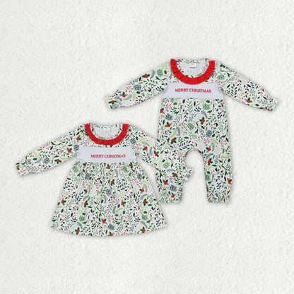 Matching Baby girls merry christmas leaves romper dress embroidery