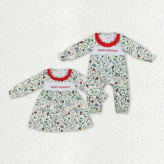 Matching Baby girls merry christmas leaves romper dress embroidery
