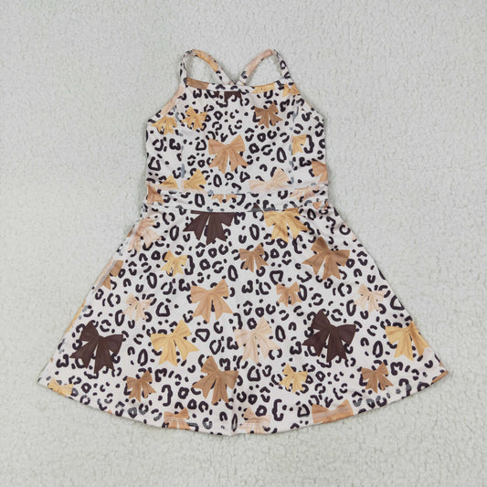 GSD2649 girls brown bow leopard Dress yoga