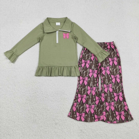 GLP2936  toddler girls rose bow green long sleeve outfits embroidery
