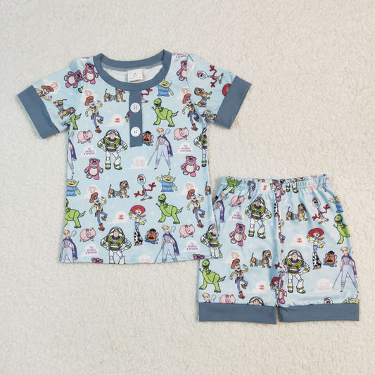 BSSO1247 Boys blue cartoon story short sleeve pajamas