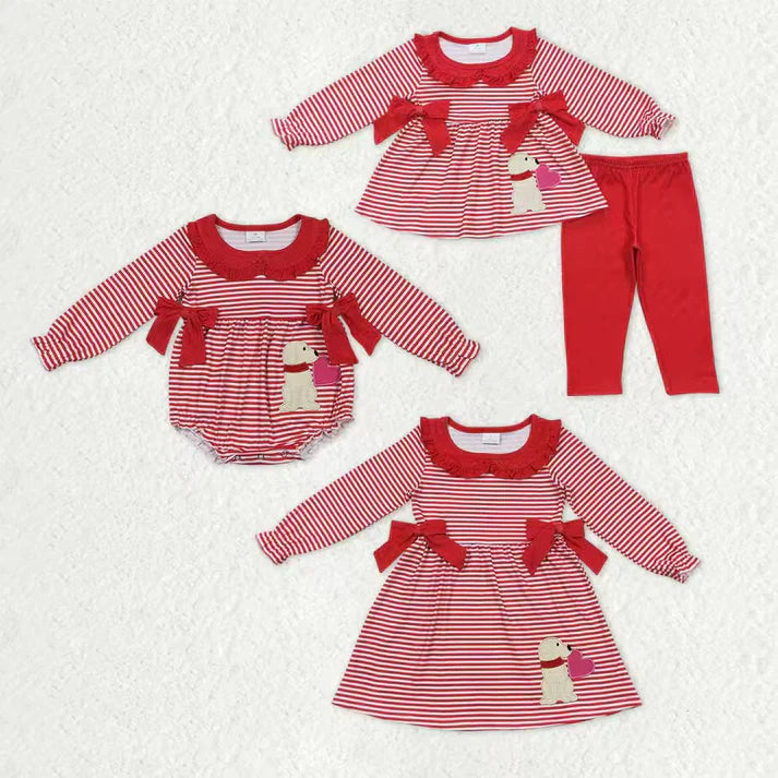 Matching Baby girls valentine red stripe love outfits long sleeves embroidery