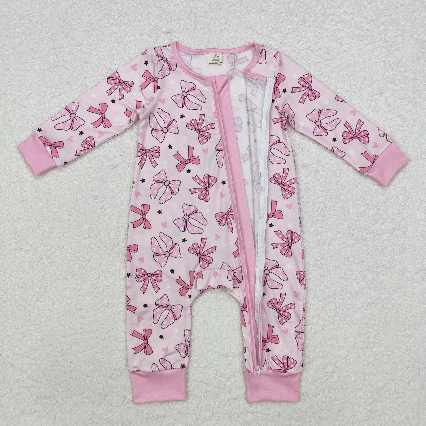 LR1608 Baby girls pink bows zipper bamboo romper