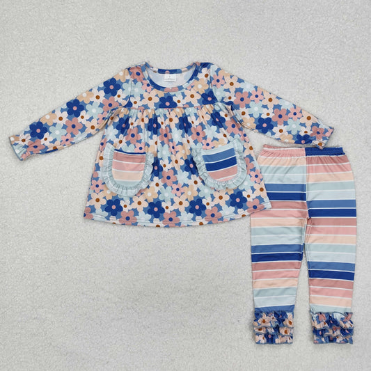 GLP2144 Girls blue stripe floral outfits