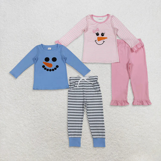 Matching Baby girls boys Christmas snowmen blue pink stripe clothing embroidery