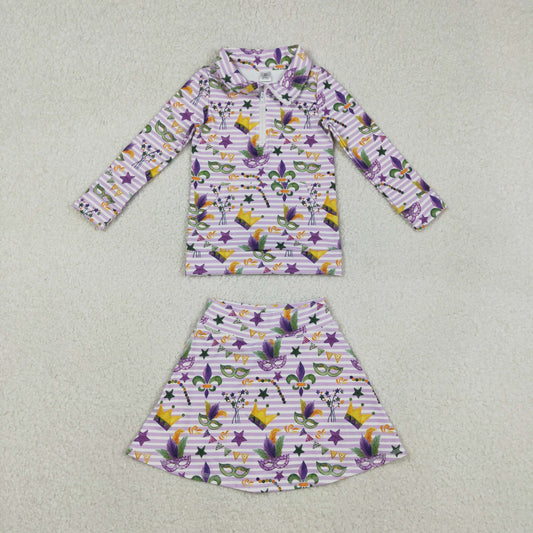 GLD1415 baby girls Mardi Gras skirt zipper long sleeve Outfits yoga