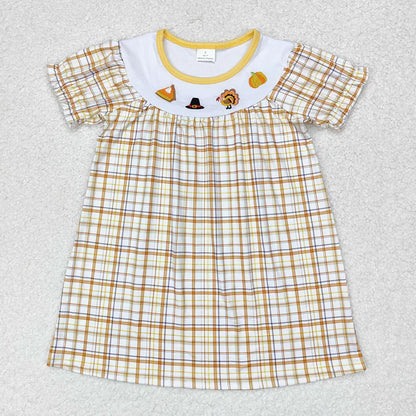 Matching Baby girls boys Thanksgiving turkey yellow checkered clothing embroidery
