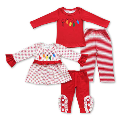 Matching Baby girls boys Christmas Colorful lights red stripe clothing embroidery