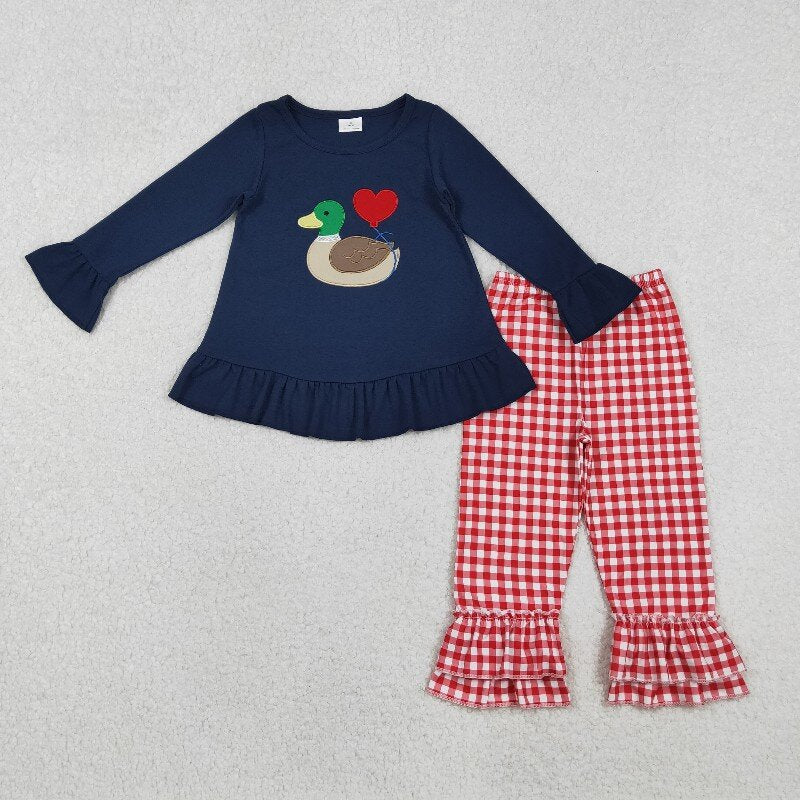 Matching Baby girls boys Valentine's love duck navy red checkered outfits embroidery