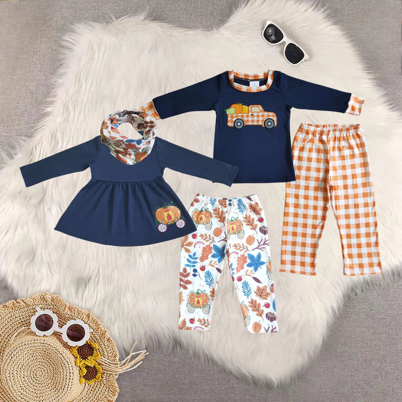 Matching Baby girls boys Halloween pumpkin outfits clothing embroidery