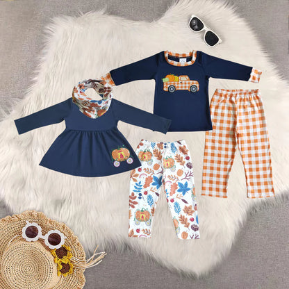 Matching Baby girls boys Halloween pumpkin outfits clothing embroidery
