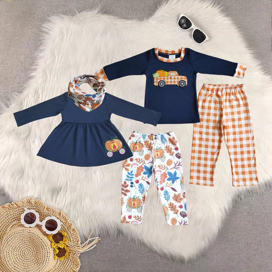 Matching Baby girls boys Halloween pumpkin outfits clothing embroidery