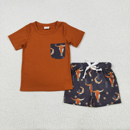 BSSO0758 Boys orange short sleeve pocket cow Outfits