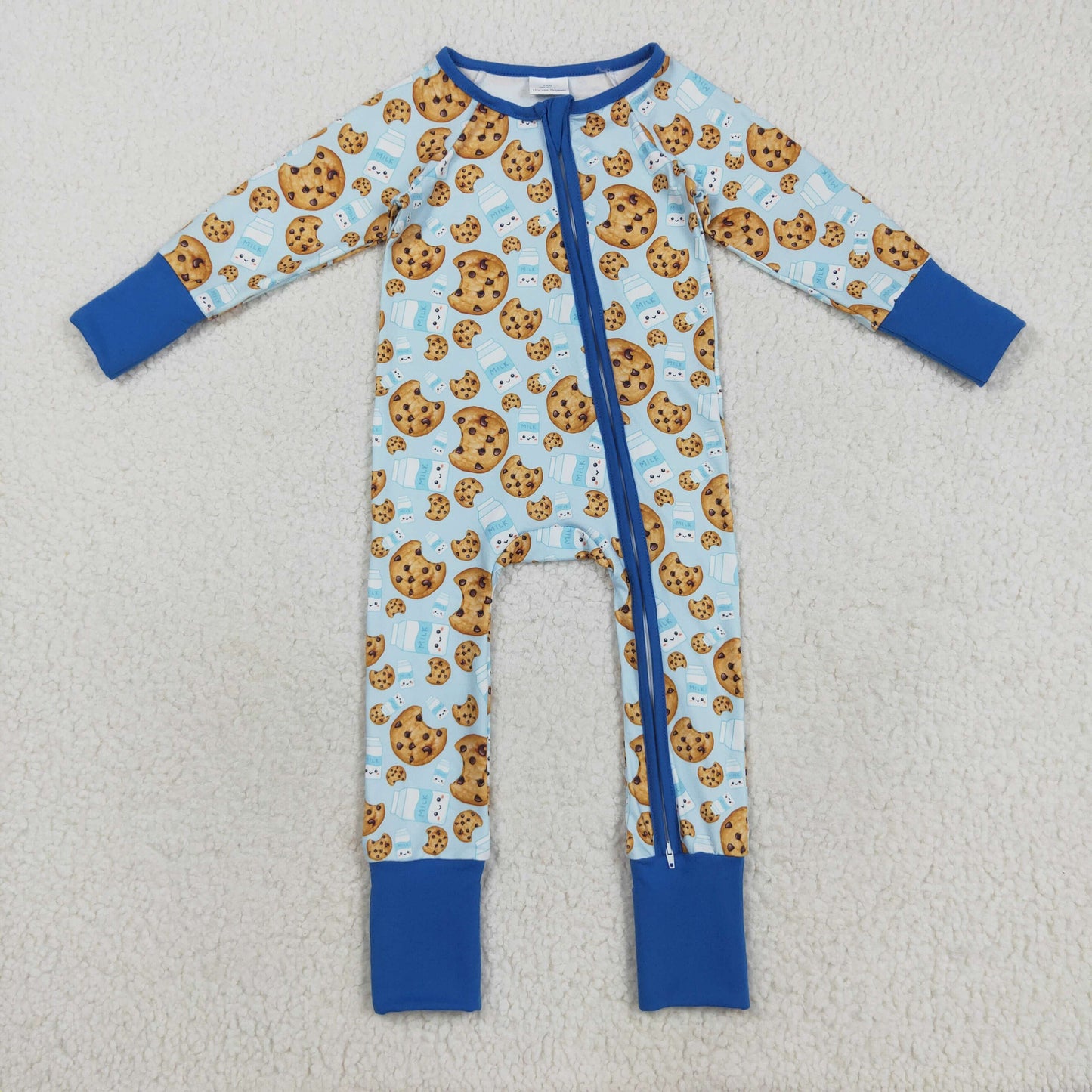 LR2397 baby boys cookie milk zipper blue romper