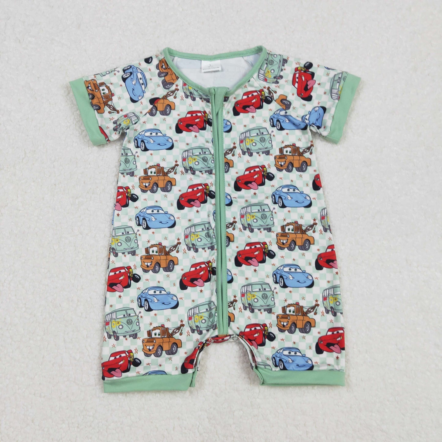 SR2373 Baby boys cartoon car green checkered zipper romper