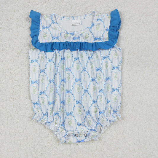 SR2648 Baby girls floral leaf blue bow romper