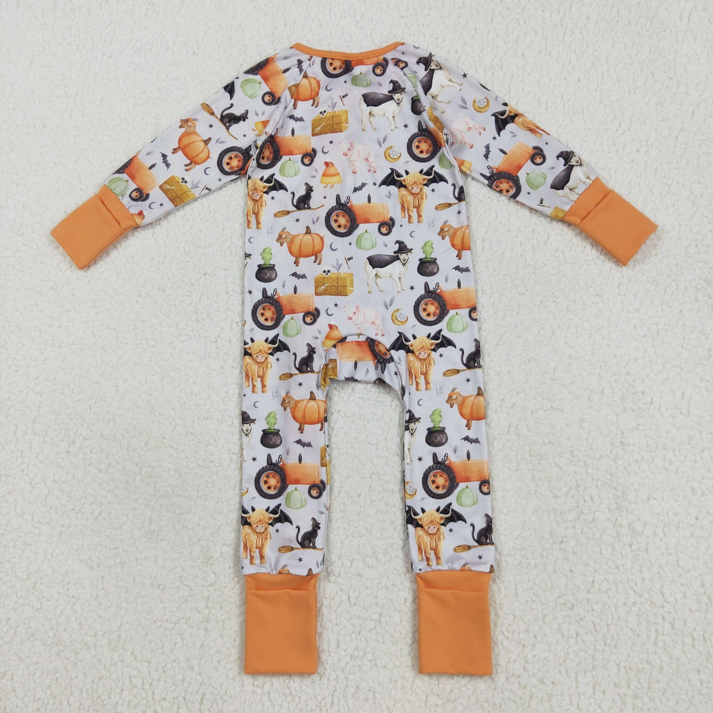LR2444 baby boys Halloween cow pumpkin orange zipper romper