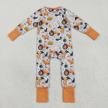 LR2444 baby boys Halloween cow pumpkin orange zipper romper