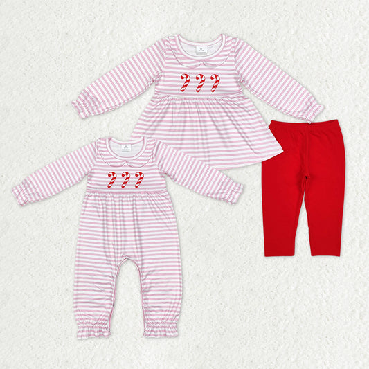 Matching Baby girls Christmas pink stripe romper outfits clothing