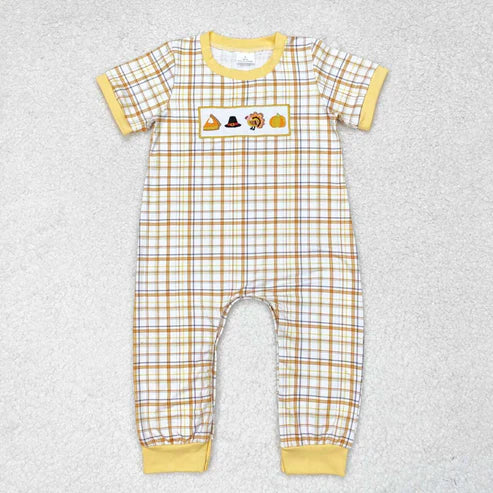 Matching Baby girls boys Thanksgiving turkey yellow checkered clothing embroidery
