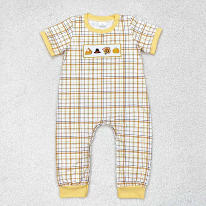 Matching Baby girls boys Thanksgiving turkey yellow checkered clothing embroidery