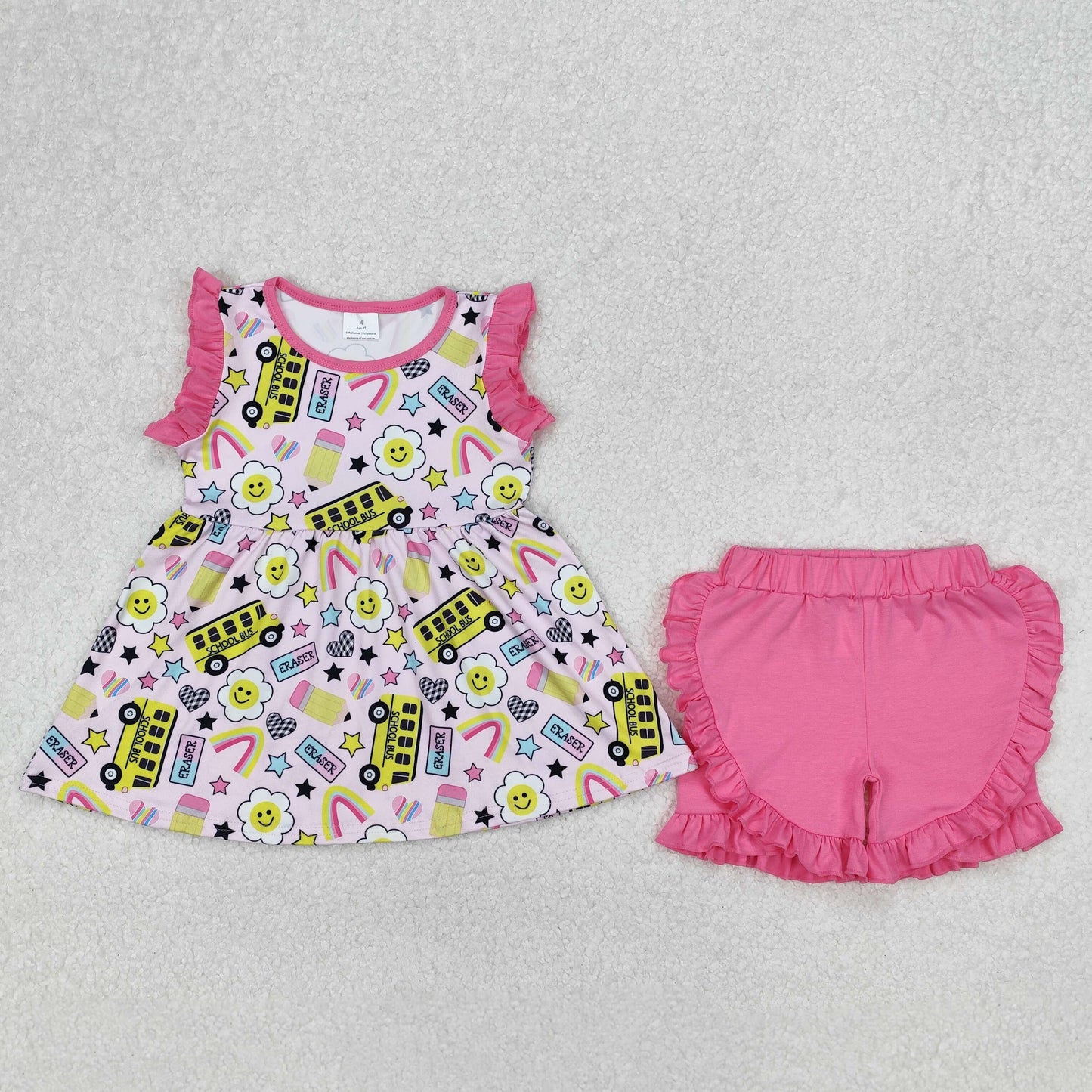 GSSO1912 girls Back To School pencil floral sleeveless yellow bus pink shorts outfits