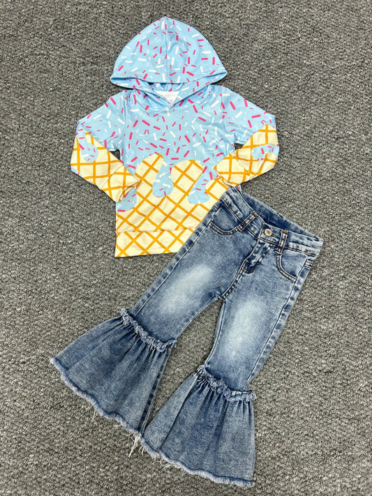 RTS BT1270+P0676 Waffle Ice Cream Hooded Long-Sleeved Top Bleached Raw-Trimmed Blue Denim Pants sets