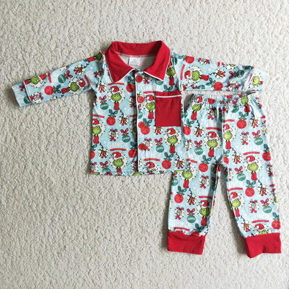 Matching Baby boys girls Christmas Cartoon button red long sleeve pajamas