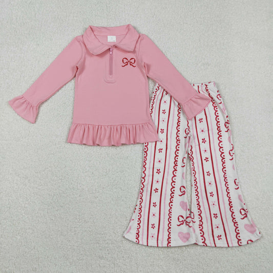 GLP2934 toddler girls Valentine's  bow stripe long sleeve outfits embroidery