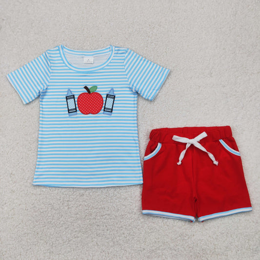 BSSO1328 Boys Back To School blue shirt red shorts outfits embroidery