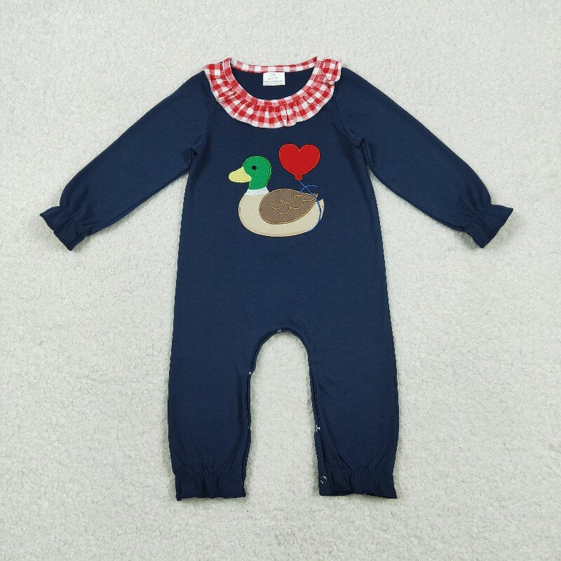 Matching Baby girls boys Valentine's love duck navy red checkered outfits embroidery