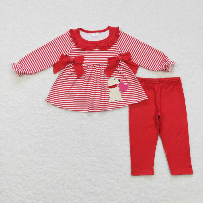 Matching Baby girls valentine red stripe love outfits long sleeves embroidery