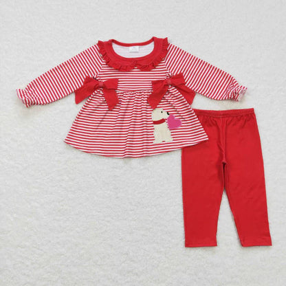 Matching Baby girls valentine red stripe love outfits long sleeves embroidery