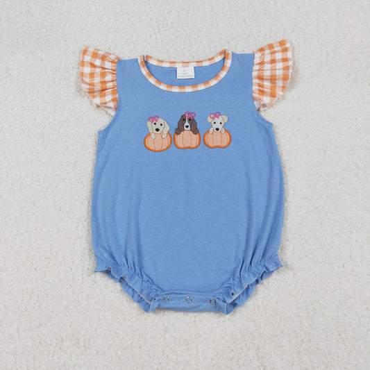 SR3191 baby girls orange checkered pumpkin puppy blue romper embroidery