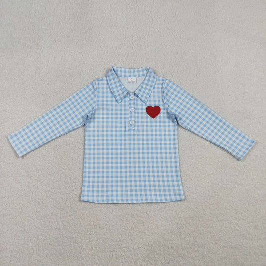 BT1386 baby boys blue checkered love heart button long sleeve shirt top embroidery