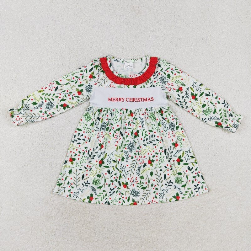 Matching Baby girls merry christmas leaves romper dress embroidery