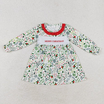 Matching Baby girls merry christmas leaves romper dress embroidery