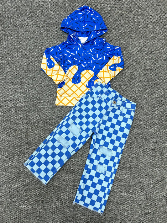 RTS BT1275+P0097 Waffle Ice Cream Royal Blue Hooded Long-Sleeved Top Blue Plaid Ripped Jeans set