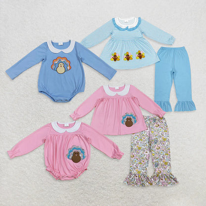 Matching Baby Thanksgiving turkey pink blue clothing embroidery