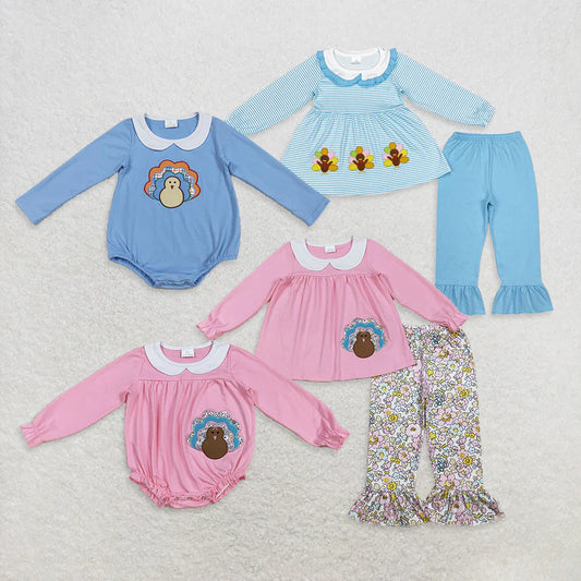 Matching Baby Thanksgiving turkey pink blue clothing embroidery