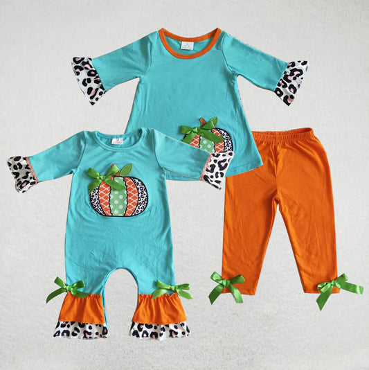 Matching Baby girls Halloween leopard pumpkin outfits  romper clothing embroidery