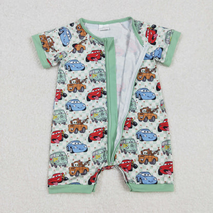 SR2373 Baby boys cartoon car green checkered zipper romper