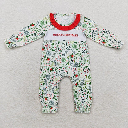 Matching Baby girls merry christmas leaves romper dress embroidery
