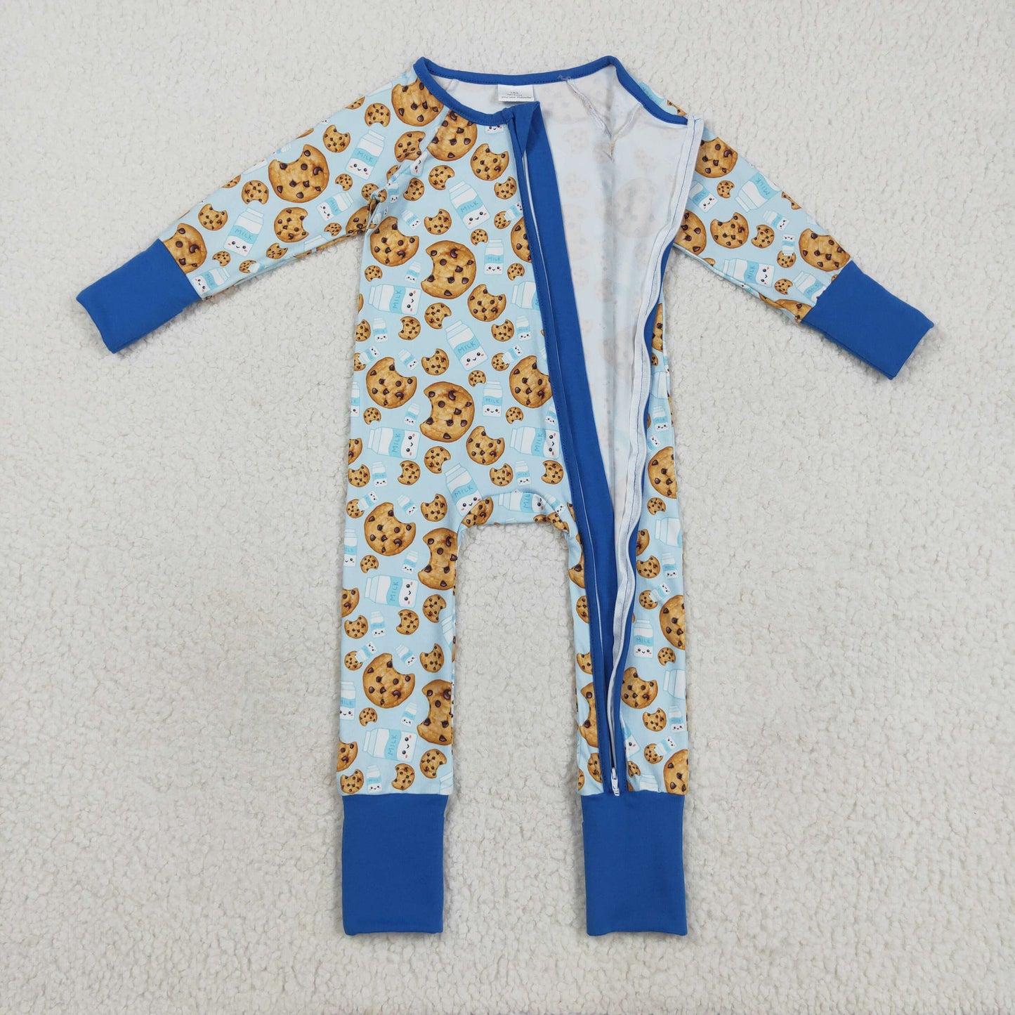 LR2397 baby boys cookie milk zipper blue romper
