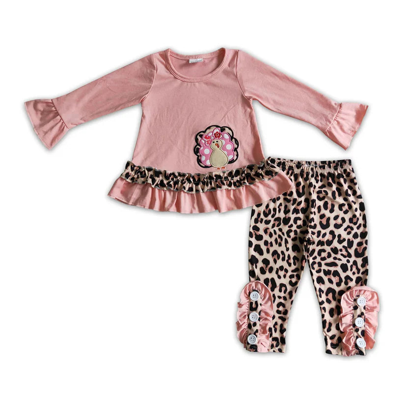 Matching Baby girls Thanksgiving pink turkey outfits embroidery clothing