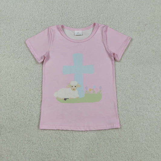GT1394 Girls cross pink short sleeve T-shirt top
